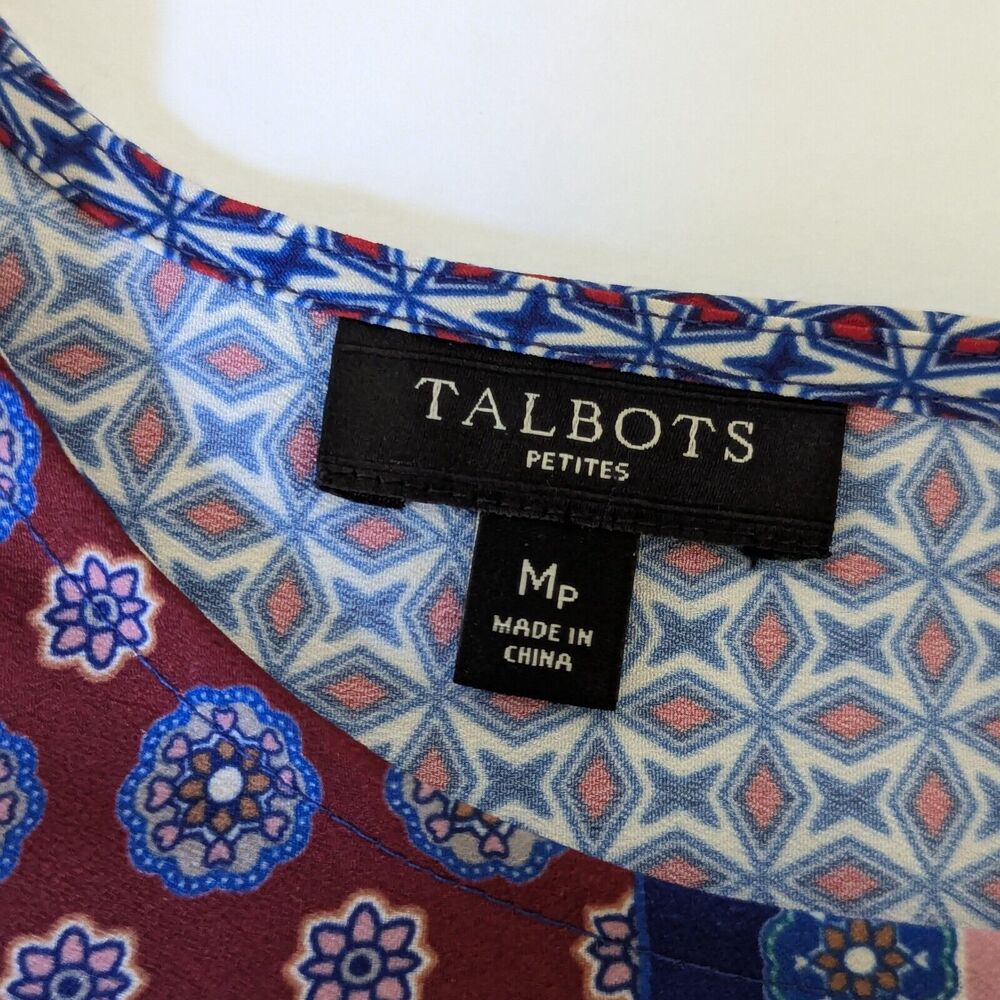 Talbots Petite Blouse PM Blue Geometric Art to Wear 3/4 Sleeve Mod Career Top - Picture 7 of 12